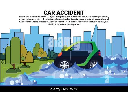 Voiture à Eau Accident sur route avec la conduite du véhicule dans la rue inondée Illustration de Vecteur