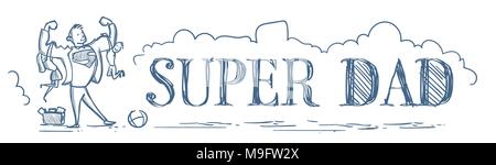 Super Papa tenant les enfants Fils et Fille Bannière horizontale Doodle du jour de père heureux Concept Illustration de Vecteur