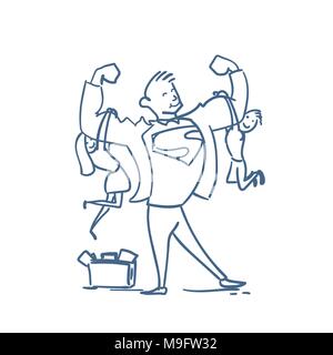 Doodle Strong père tenant les enfants le Fils et Fille Hand Drawn isolé sur fond blanc Illustration de Vecteur