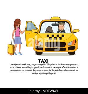 Femme Avec Suitcase Sitting in Yellow Cab voiture Taxi l'icône Service Plus de Background With Copy Space Illustration de Vecteur