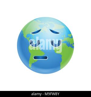 Face de la terre l'Émotion triste caricature drôle Icône planète isolée Expression déprimée Illustration de Vecteur