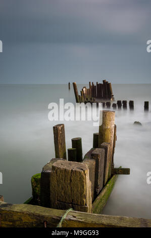 Un générique de l'estran paysage marin côtier sur l'île de Wight avec vieux bois battu météo jetty et piers ou épis et brise-lames. calmante. Banque D'Images