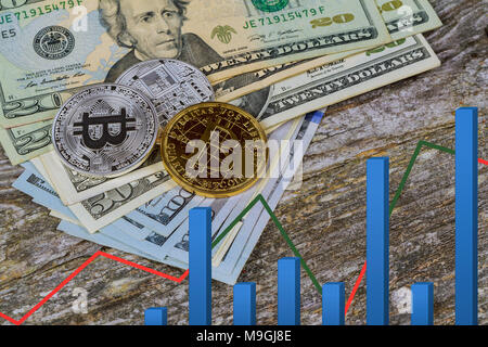 Le Bitcoin or US dollar bills. L'échange de monnaie électronique concept US dollar des bitcoins Banque D'Images