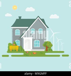 Résumé fond printemps avec maison confortable, maison, chalet, arbres, fleurs, banc. Bâtiment moderne à louer ou vendre. Modèle plat paysage urbain. Illustration de Vecteur