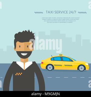 Yellow Cab de la machine avec chauffeur. Service de taxi public concept. Télévision vector illustration. Illustration de Vecteur