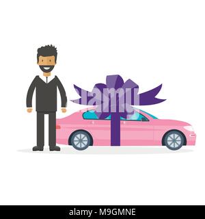 Poster avec l'homme machine rouge et le ruban. Don de voiture concept ou présentation d'auto à vendre, louer,. Télévision vector illustration. Illustration de Vecteur