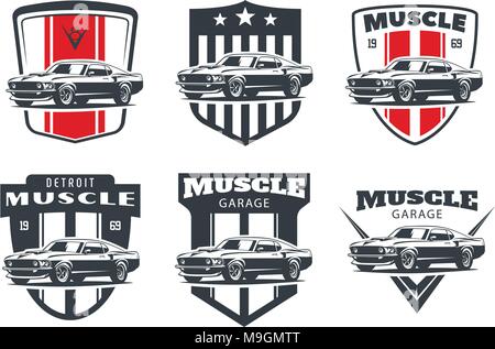 Ensemble de muscle car classique logo, emblèmes et insignes isolé sur fond blanc. Illustration de Vecteur