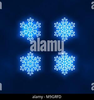 Ensemble de bleu néon rayonnant snowflakes Illustration de Vecteur