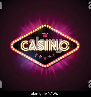 Illustration de casino avec affichage de l'éclairage brillant et neon light lettre sur fond violet. Conception de jeu avec pour vecteur invitation ou bannière promo. Illustration de Vecteur