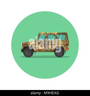 Icône de voiture jeep. L'armée vus avec une couverture de camouflage kaki. Le véhicule de l'augmentation de l'passability pour les voyages, les loisirs actifs, la chasse, une sa Illustration de Vecteur