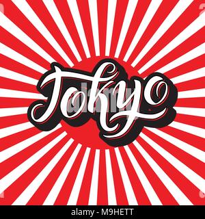 Lettrage à la main Tokyo national drapeau rouge calligraphie japonaise. Tokyo hand drawn vector illustration d'actions. Pinceau moderne de l'encre. Arrière-plan des rayons blancs rouge Illustration de Vecteur