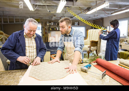 Young Caucasian man apprendre l'art de la garniture de a senior male tapissier. Banque D'Images