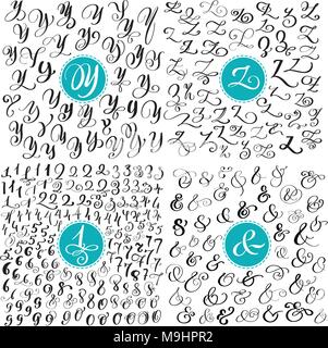 Définir lettre Y, Z, chiffres, esperluette. Hand drawn vector s'épanouir la calligraphie. Script. Lettres isolées avec de l'encre écrite. Brosse à la main. Lettrage à la main pour les logos packaging design poster Illustration de Vecteur