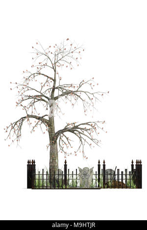 Cimetière complète avec spooky tree isolated on white, 3D render. Banque D'Images