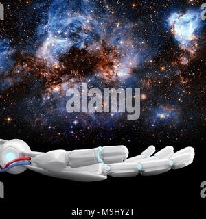 La main robotique blanc galaxie présente l'espace. Le rendu 3D Banque D'Images