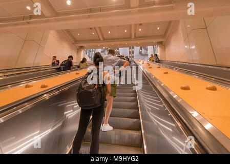 Les gens équestre sur la sortie de la rue Yrok, récemment rénové, escaliers mécaniques à la Station Wynyard dans Sydney, NSW, Australie Banque D'Images
