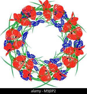 Une couronne de fleurs rouge coquelicot, vert unblown bourgeons et de jacinthes bleues isolé sur fond blanc Illustration de Vecteur