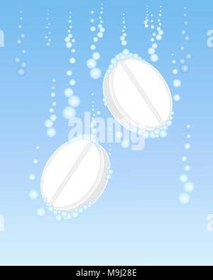 Une illustration de deux comprimés effervescents blancs se dissolvant dans l'eau bleue avec des bulles pétillantes Illustration de Vecteur