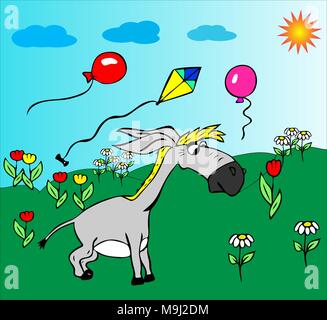 Cheerful little grey donkey marche sur un pré vert au milieu de fleurs et de ballons volants, personnage drôle Illustration de Vecteur