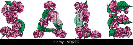 Inscription à partir de fleurs, bourgeons et feuilles de sakura rose mot vente, isolé sur fond blanc Illustration de Vecteur