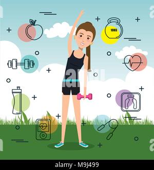 Exercice pratique femme avec sports icons Illustration de Vecteur