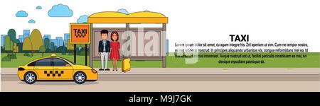 Passagers attendant sur la voiture de Taxi Cab City Station Service Transport Bannière horizontale Illustration de Vecteur