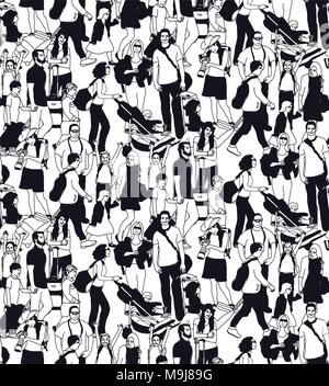 Les gens de la famille modèle homogène foule de voyage noir et blanc. Illustration de Vecteur