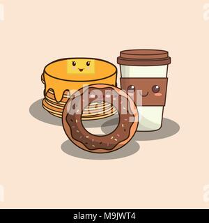 Donut kawaii et des crêpes avec du café tasse sur fond blanc, design coloré. vector illustration Illustration de Vecteur