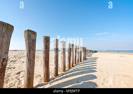 Un jour d'été photographié sur un brise-lames en bois plage le long de la côte de Zeeland aux Pays-Bas Banque D'Images