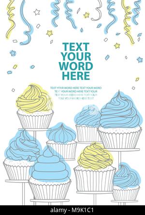 7 styles de cupcakes en contour gris et pastel sur avion est sur fond blanc et de l'espace pour le texte. Affiche ou d'arrière-plan dans le vector illu Illustration de Vecteur