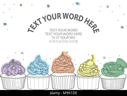 5 styles de cupcakes en contour gris et plan colorés sur fond blanc et de l'espace pour le texte. Affiche ou d'arrière-plan dans l'illustration vectorielle. Illustration de Vecteur