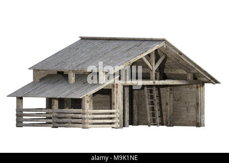 Grange en bois vide isolé sur blanc, 3D render. Banque D'Images