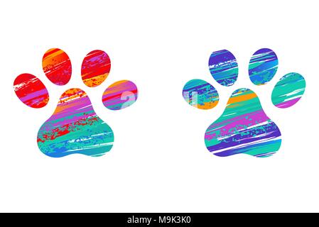 Deux chats empreintes, décorées avec des coups de peinture lumineuse sur un fond blanc. Dimensions de la peinture. Cat's Paw. Coups de pinceau. Paw Print. Illustration de Vecteur
