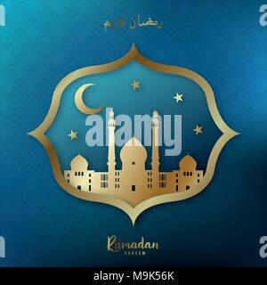 Ramadan Kareem carte de Vœux. Mosquée d'or, croissant de lune, étoiles d'or sur fond bleu. Modèle de coupe de papier. Vector illustration. Illustration de Vecteur