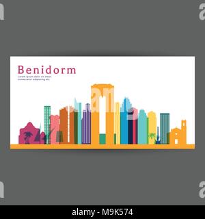 Benidorm architecture colorée, illustration vectorielle skyline silhouette ville, gratte-ciel, modèle plat. Illustration de Vecteur