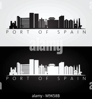 Port d'Espagne skyline et les repères d'ossature, noir et blanc design, illustration vectorielle. Illustration de Vecteur