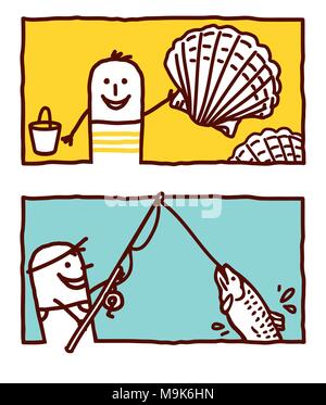 Vector hand drawn cartoon characters - coquillages et pêche Illustration de Vecteur