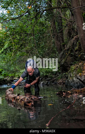 Un homme est la collecte du bois de sciage dans la rivière afin de construire un radeau improvisé. Concept de créativité, de détermination et de motivation lorsqu'en survivant Banque D'Images