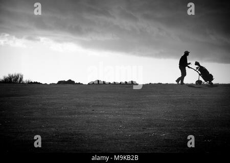 Image en noir et blanc de familles en marche golfeur fairway sous un ciel Banque D'Images