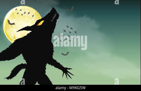 Loup-garou howling sur fond vert nuit fantasmagorique Illustration de Vecteur