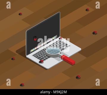 La recherche de bugs sur la programmation informatique avec ordinateur portable et loupe Illustration de Vecteur