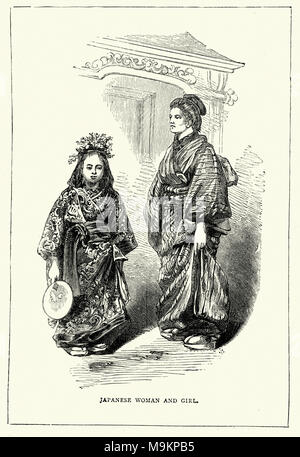 Femme et fille japonaise en costume traditionnel. 19e siècle Banque D'Images