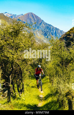 Du vélo de montagne sur le sentier du lac Moke près de Queenstown, Nouvelle-Zélande Banque D'Images