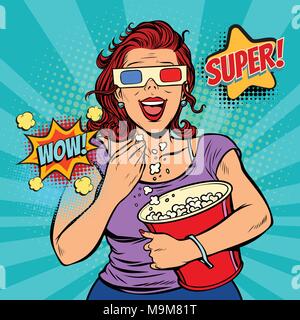 Femme à lunettes 3D à regarder un film, souriant et eating popcorn Illustration de Vecteur