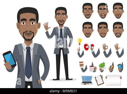 African American man cartoon character set de création de parties du corps et des émotions. Smiling businessman in vêtements de bureau. Vector illustrat Illustration de Vecteur