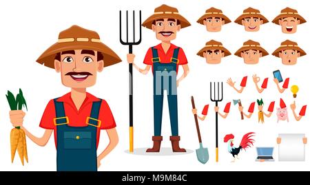 Farmer personnage création ensemble. Happy gardener, pack de parties du corps et des émotions. Construire votre propre design. Stock vector illustration Illustration de Vecteur
