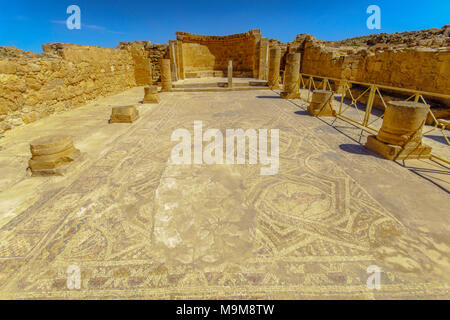 Avis de sol en mosaïque de l'église de Saint Nilus, dans le site archéologique de la ville nabatéenne de Mamshit, maintenant un parc national. Dans le sud d'Israël Banque D'Images