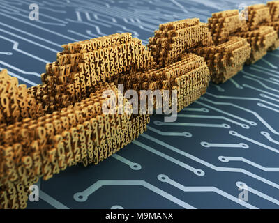 Concept d'Blockchain. La chaîne numérique d'or de numéros 3D Bleu sur circuit imprimé. 3D Illustration. Banque D'Images