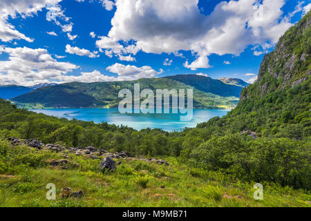 Lustrafjorden vu de dessus et mountainscape, Norvège, montagnes, vue à bientot cascade Feigumfossen Banque D'Images