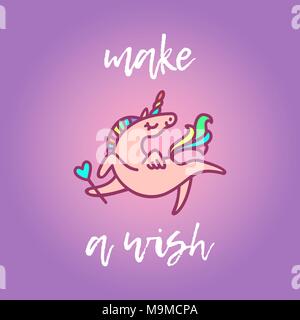 Unicorn Pinky avec coeur. Citation faire un souhait. Fond de carte mignon. Illustration de Vecteur